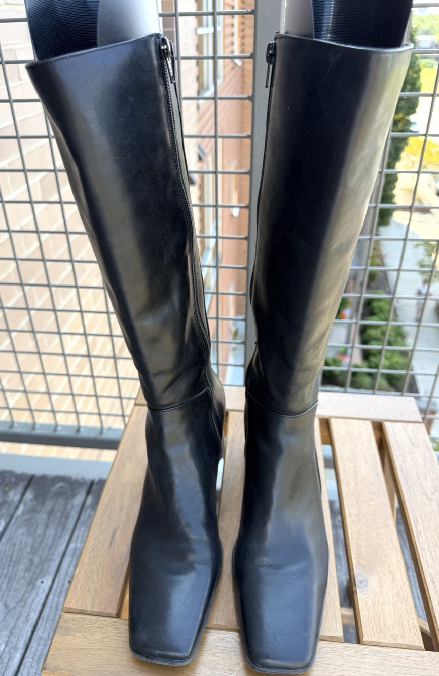 VTG 90s Naturalizer Black Leather Brazil Chunky 2" Block Square Toe Zip Boots 9M